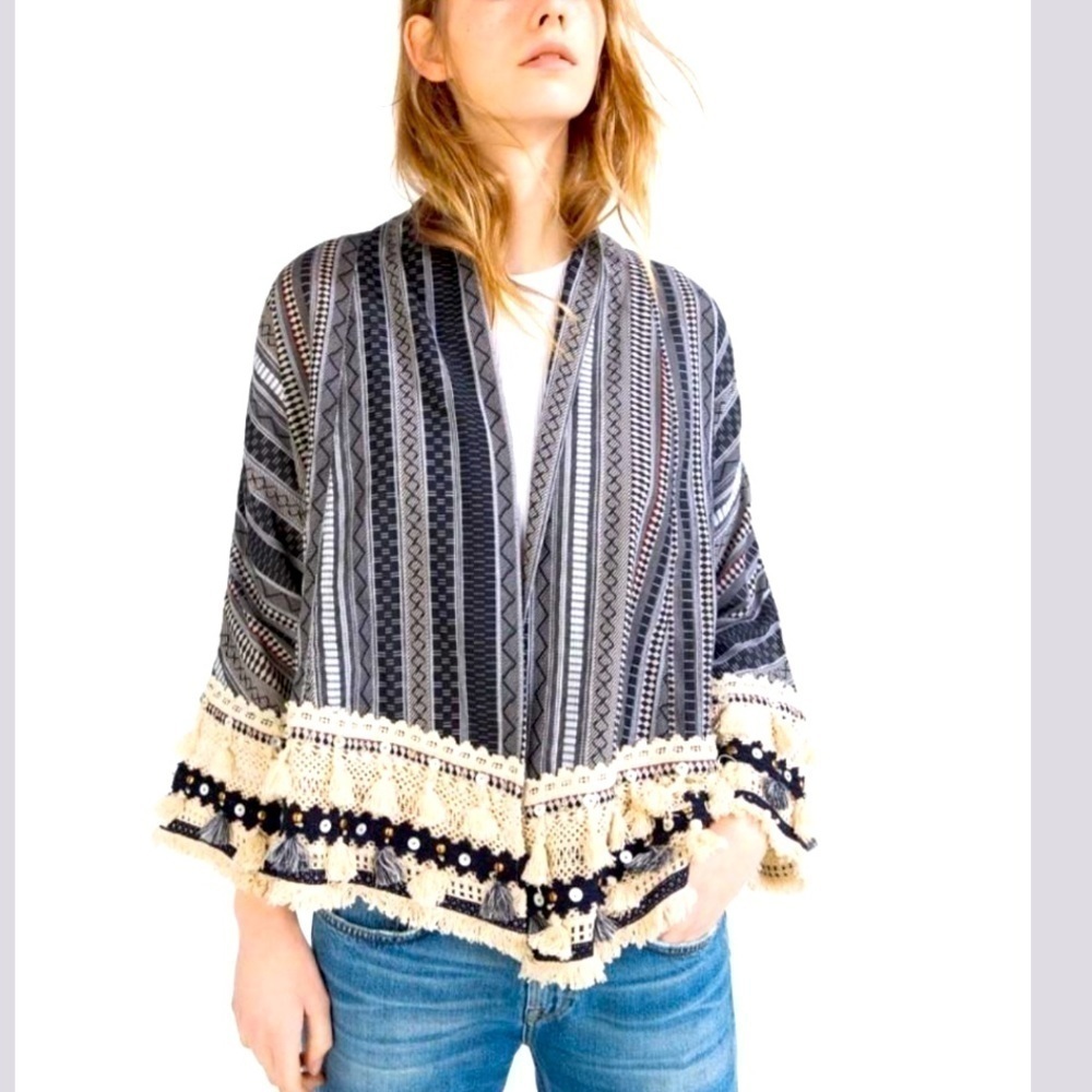 ZARA Premium Tassel Trimmed Tribal Print Cardigan